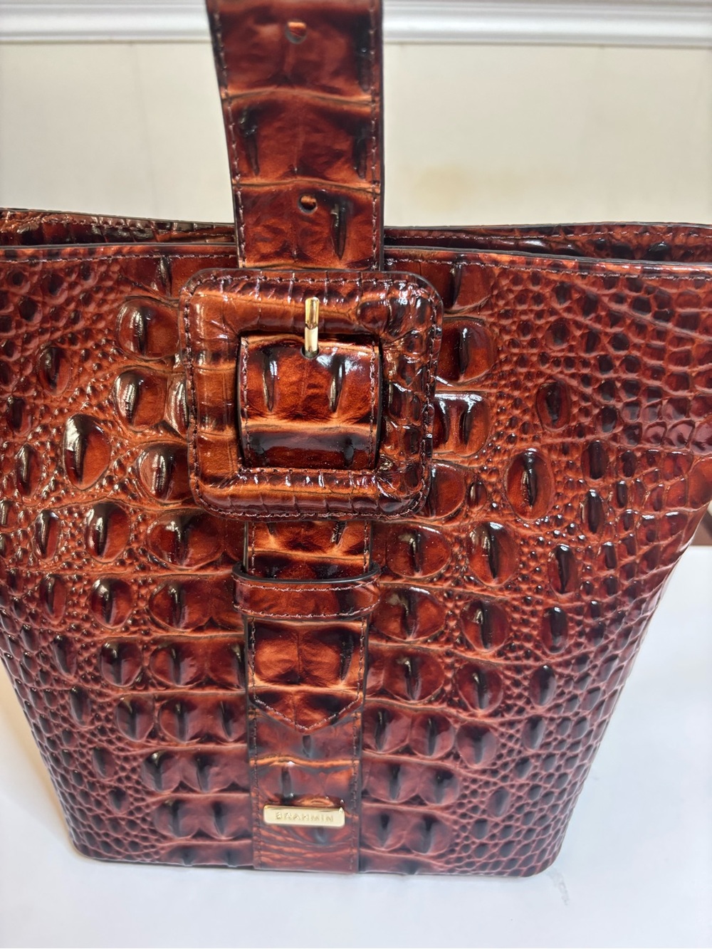 Brahmin Faith in Pecan in Croco-Embossed Leather Mini Bucket Bag - Picture 4 of 8